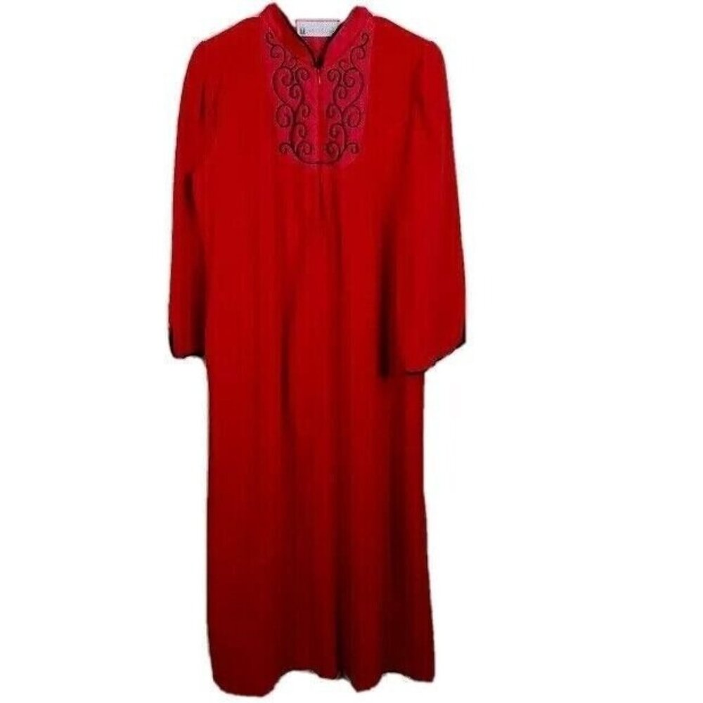 Vintage Vandemere Housecoat Robe Sz Medium Red Black‎ 3/4 Zip Velour Full Length